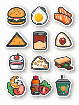 several stickers in 1 piece,knolling of minimalism style CUTE fitness meals,simplified method,no human,cute,pocket stiker,vector image,icon design,shick lines,flat color, white background