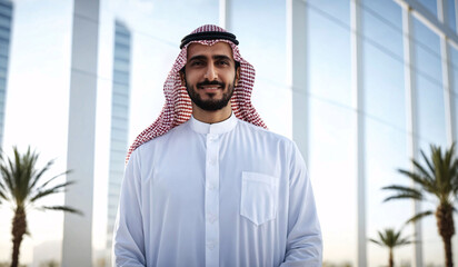 Arab man standing front Dubai skyline in the desert of UAE 