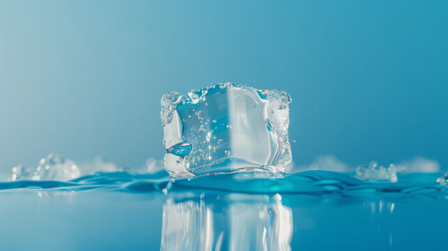 A minimalist image of a lone ice cube melting on a bright blue background, symbolizing global warming