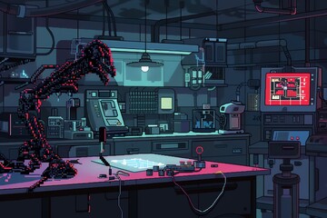 Create a spine-chilling scene of a technological experiment gone wrong in a laboratory with pixel art, emphasizing the unknowable horrors