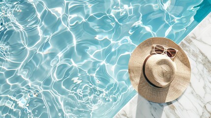 A minimalistic fashion aesthetic scene featuring sunglasses and a straw hat beside a marble swimming pool with clear blue water, highlighted by wave patterns and light reflections