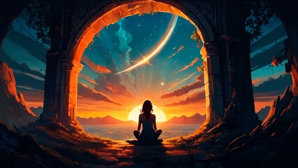 Silhouette of a beautiful meditating woman person sitting in lotus pose watching  sunrise sunset surrounded by surreal clouds and mountains view. Colorful spiritual conciousness illustration concept.