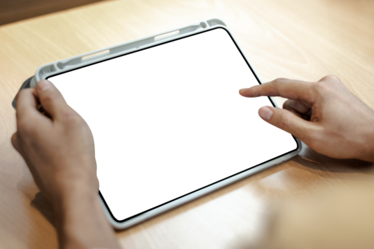 Transparent tablet screen mockup png on a wooden table