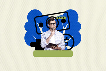 3D photo collage artwork composite sketch image of silhouette clever geek worker man pensive ponder hold book behind banknote money coins