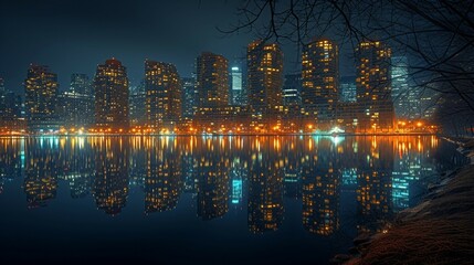 Urban waterfront with city lights reflecting in the water. AI generate illustration