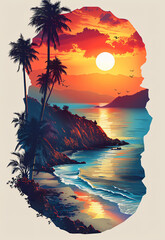 picture in the shape of california, california landscape, Redwood tree forest at top, tan valley at bottom with palm trees, blue ocean to left, mountains to right, merge of different terrains, flat il - obrazy, fototapety, plakaty