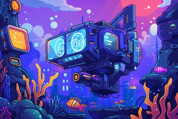 Dive into creativity! Capture underwater wonders fused with futuristic gadgets in a pixel art masterpiece, utilizing bold colors and dynamic camera angles