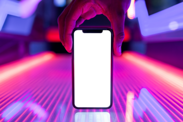 Transparent phone screen mockup png in futuristic glowing neon lights