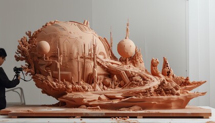 Illustrate a clay sculpture scene of a futuristic dystopia embracing sustainable energy solutions from a side view Experiment with unexpected camera angles to enhance the narrative - obrazy, fototapety, plakaty