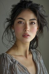 beautiful young asian woman, 25 yo, gray background, realism, hyper-realism, 
