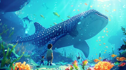 Naklejka premium Illustrate a digital rendering showcasing the intersection of biographical tales and an underwater universe through pixel art, embodying a poignant storytelling element