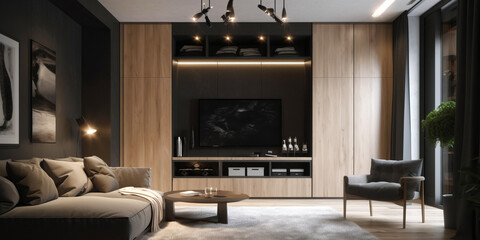 Lounge style wardrobe interior with wooden furniture in modern house.