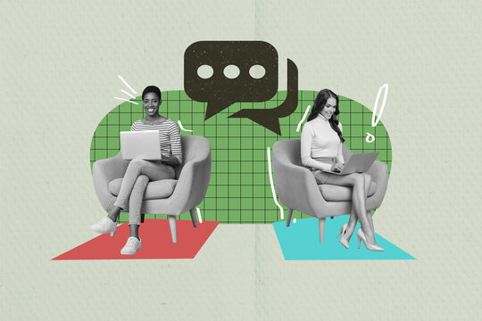 Composite trend artwork sketch image photo collage of two young colleague women coworking remote office manager use phone sit in armchair