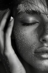 black and white portrait of woman having some sand on her face and closing her eyes 