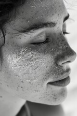 black and white portrait of woman having some sand on her face and closing her eyes
