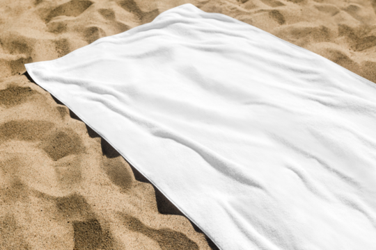 Png beach towel transparent mockup on the beach