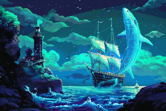 Illustrate a pixel art scene depicting Jules Vernes 20,000 Leagues Under the Sea with a glitch art twist