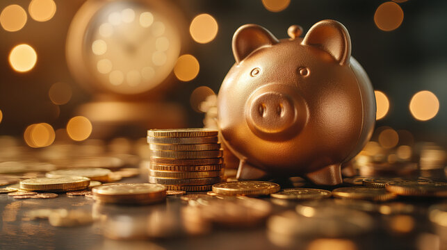 The concept of wealth and money investment growth over time and long term pension fund management and financial business profit strategy, gold coins piggybank and clock banner