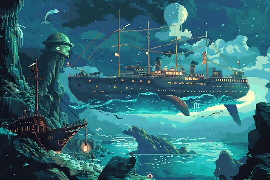 Illustrate a pixel art scene depicting Jules Vernes 20,000 Leagues Under the Sea with a glitch art twist