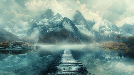 Dramatic mountain landscape shrouded in mist  captures the beauty of nature
