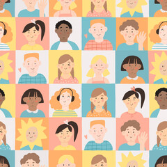 Seamless vector pattern with cartoon children's faces. Flat vector portraits. Hand-drawn texture with illustrations of different people