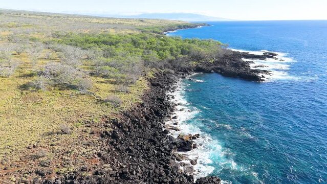 Aerial view of pristine coastline with volcanic rock formations in Hawaii Island, United States.
