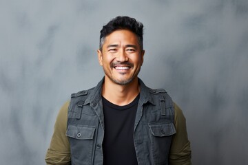 Portrait of a happy asian man in his 40s wearing a rugged jean vest over minimalist or empty room background