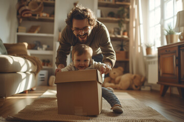 Man Playing With Child in Cardboard Box - obrazy, fototapety, plakaty