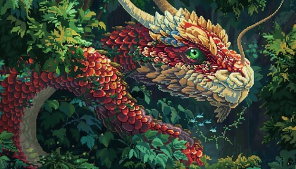 Infuse a biographical story into a digital rendering of a mythical creature in pixel art Experiment with unconventional camera angles to evoke a sense of mystery and wonder - obrazy, fototapety, plakaty