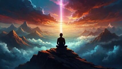Silhouette of a meditating man person sitting on the top of a mountain in lotus pose surrounded by surreal clouds and mountains view. Colorful spiritual conciousness illustration concept. - obrazy, fototapety, plakaty