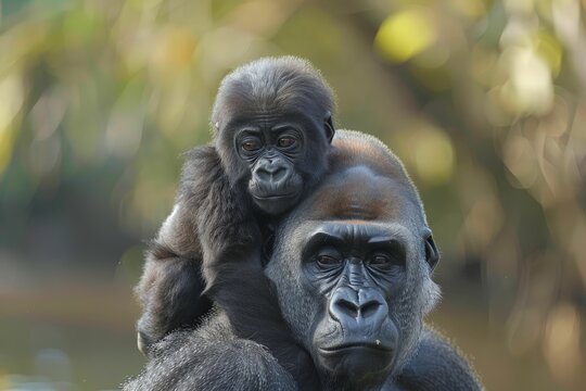 A touching moment of a gorilla carrying its infant, with intricate details of their fur and a blurred face to protect privacy - Powered by Adobe