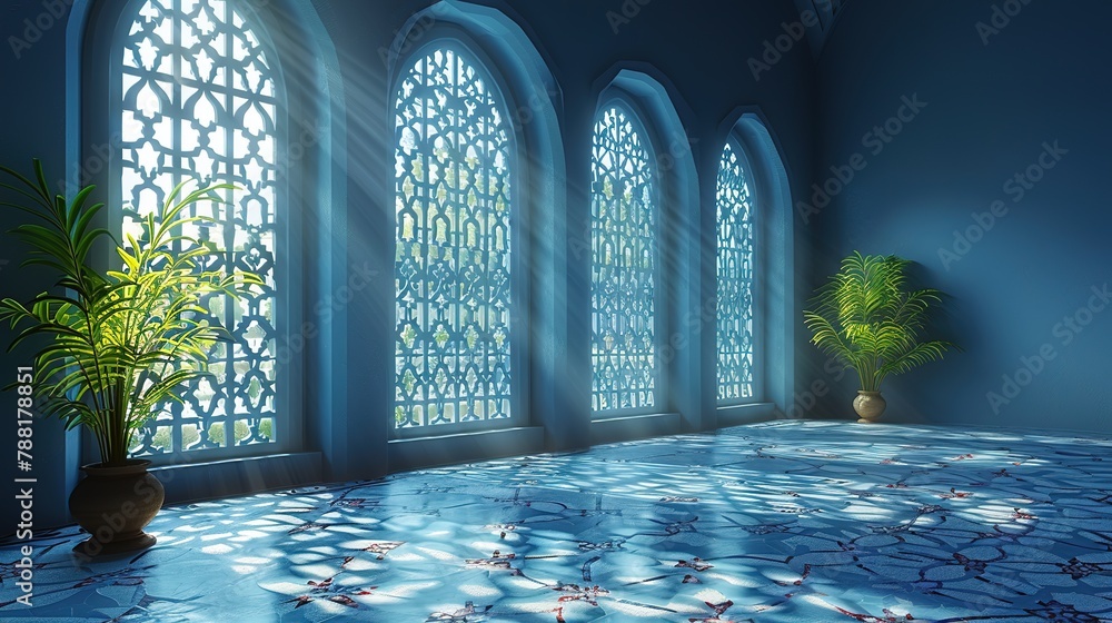 Poster building architecture window old light interior, arabesque shadow copy space for text