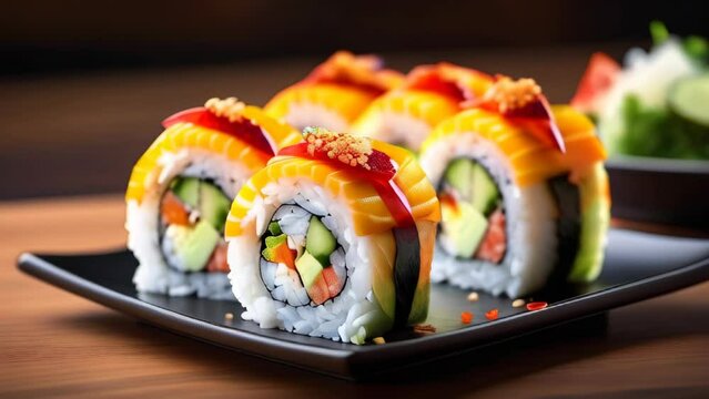 BLACK DRAGON ROLL crabmeat, avocado, kappa Inside with unagi, avocado, fish flakes and fish restaurant decorated. Sushi roll set on black slate background. Various Sushi Japanese food in restaurant
