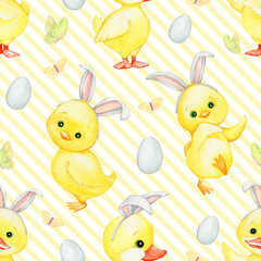 chickens ducklings eggs rabbit ears butterflies watercolor seamless pattern.