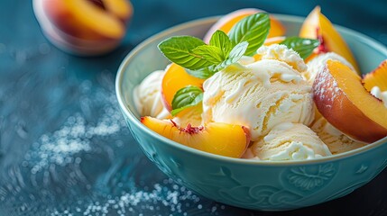 a bowl of ice cream with fresh peaches and whipped cream. ai generated