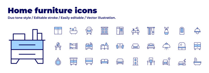 Home furniture icons collection. Duo tone style. Editable stroke, bedside table, cabinet, sofa, desk, double bed, dressing table, mirror, bunk bed, chest of drawers, door.