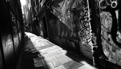 Visually interpret the subconscious mind in a monochromatic photograph of a shadowy alley adorned with thought-provoking graffiti, evoking deep psychological meanings