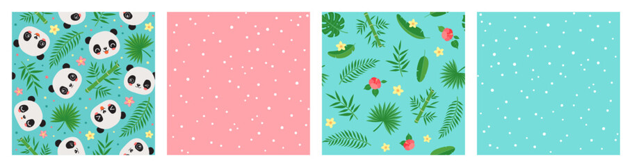 Cute tropical seamless pattern set with panda kids collection. Adorable repeat design with kawaii animal. Bamboo leaves, monstera and fan palm leaf. Summer pattern for textile fabric or paper print.