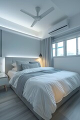 singapore hdb, bedroom, arch furniture, white and grey colors, clean matte finishing, zoom detail angle, bright lighting