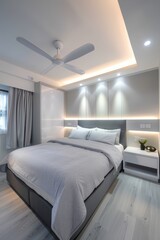 singapore hdb, bedroom, arch furniture, white and grey colors, clean matte finishing, zoom detail angle, bright lighting