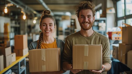 Man and Woman Holding Boxes in Warehouse