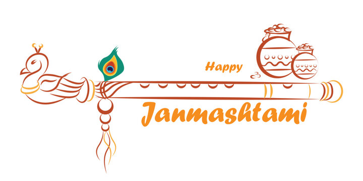 Happy Janmashtami Festival Background of Bansuri and Matki Flat Vector Illustration