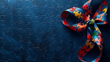 World Autism Awareness Day. Colorful puzzle ribbon on dark blue background, top view. Copy Space for text