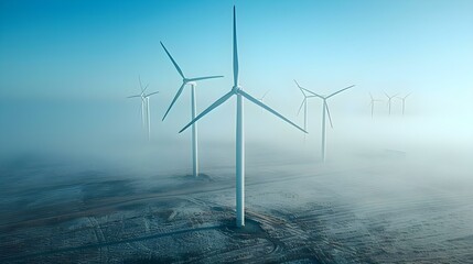 Sustainable Symphony: Wind Turbines in Misty Serenity. Concept Renewable Energy, Environmental Conservation, Wind Power, Serene Landscapes