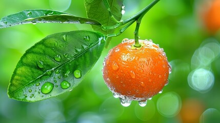 Macro close up of juicy orange fruit on tree with dew drops, wide banner with room for text