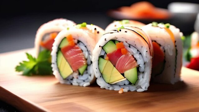 Delicious Japanese spicy tuna maki roll with wasabi and cream sauce served on a plate in a restaurant