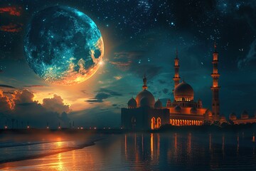 moon and mosque in front of night cloudy and starry sky copy space for text - Powered by Adobe