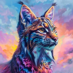 A feline fusion of a cat and a lynx, showcasing a mesmerizing blend of vivid colors against a dreamy pastel background , high detailed