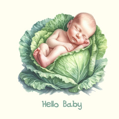 Watercolor baby found in cabbage patch. Funny explanation where babies come from.