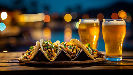 A plate of tacos and two glasses of beer on a table. a typical scene at a Mexican restaurant or bar. corned beef tacos and green beer. Festive setting with marina views blurred in the background.